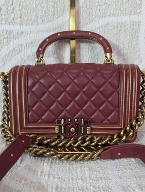 Chanel Boy  Quilted Top-Handle Shoulder Bag in Deep Burgundy Small